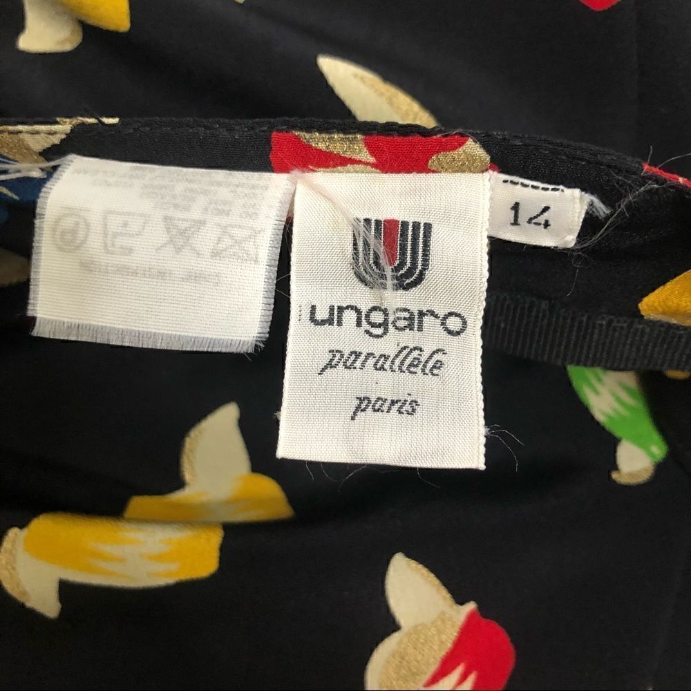 Vintage Ungaro Black Ribbon Print Skirt Faux Wrap Gold Accents - Picture 8 of 9
